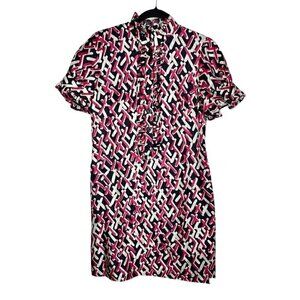 Maggy London Dress Size 12 Geometric Pattern Silk Short Sleeve Ruffle Button